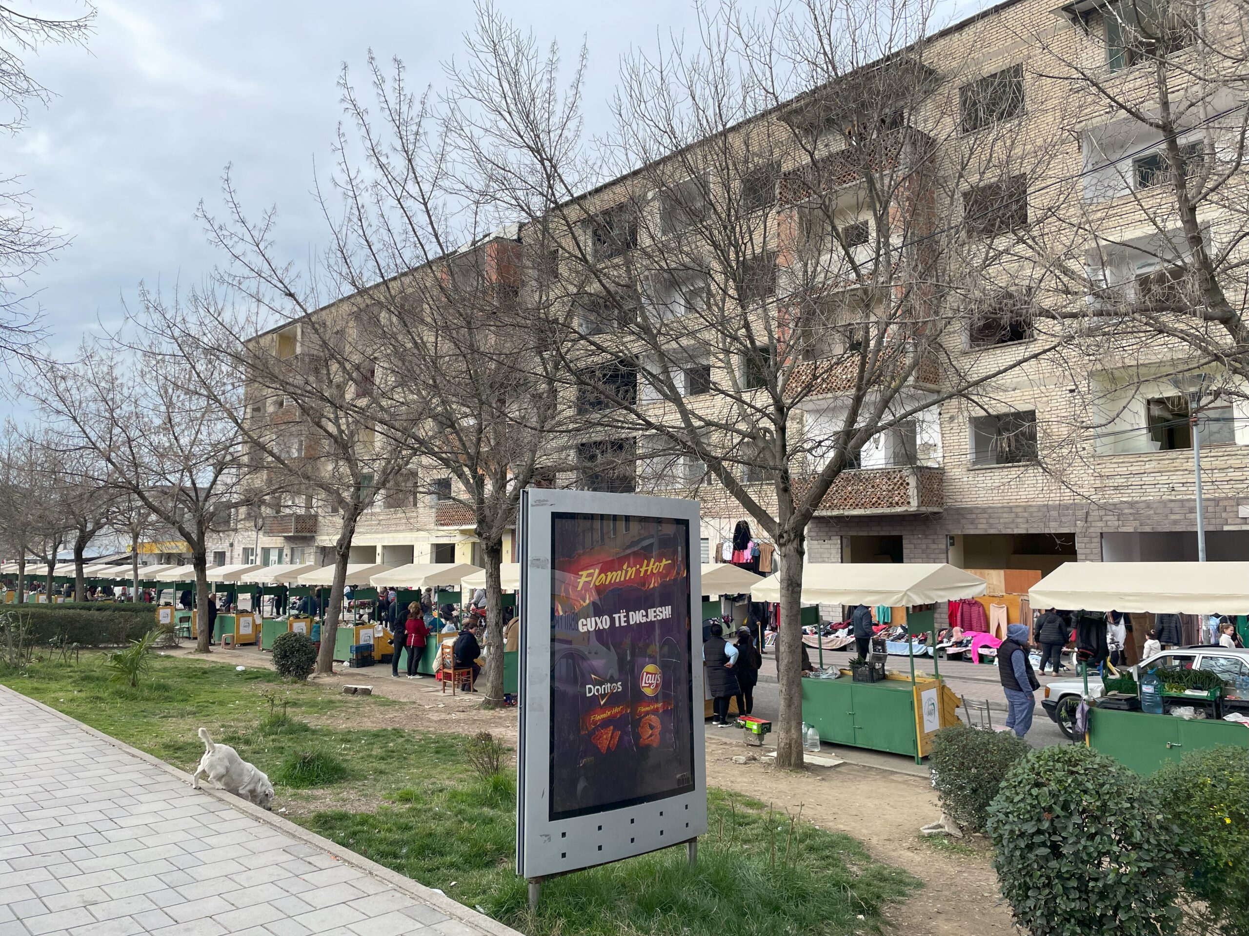 Market street scene in Tirana, Albania, showing everyday services and local shopping context.