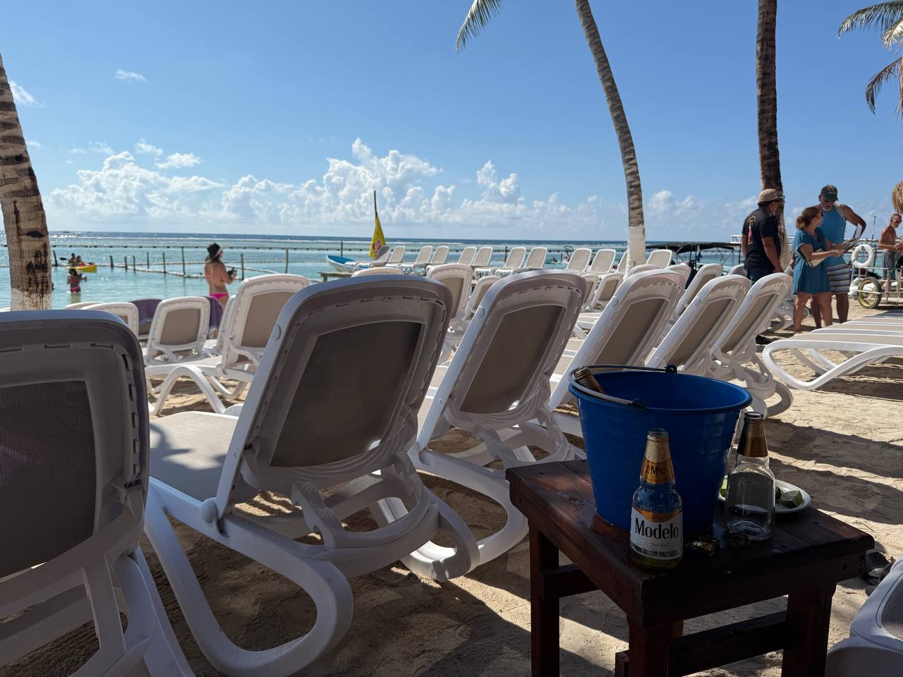 Wide beach view in Costa Maya with palms, loungers, and shallow Caribbean water under a bright sky.