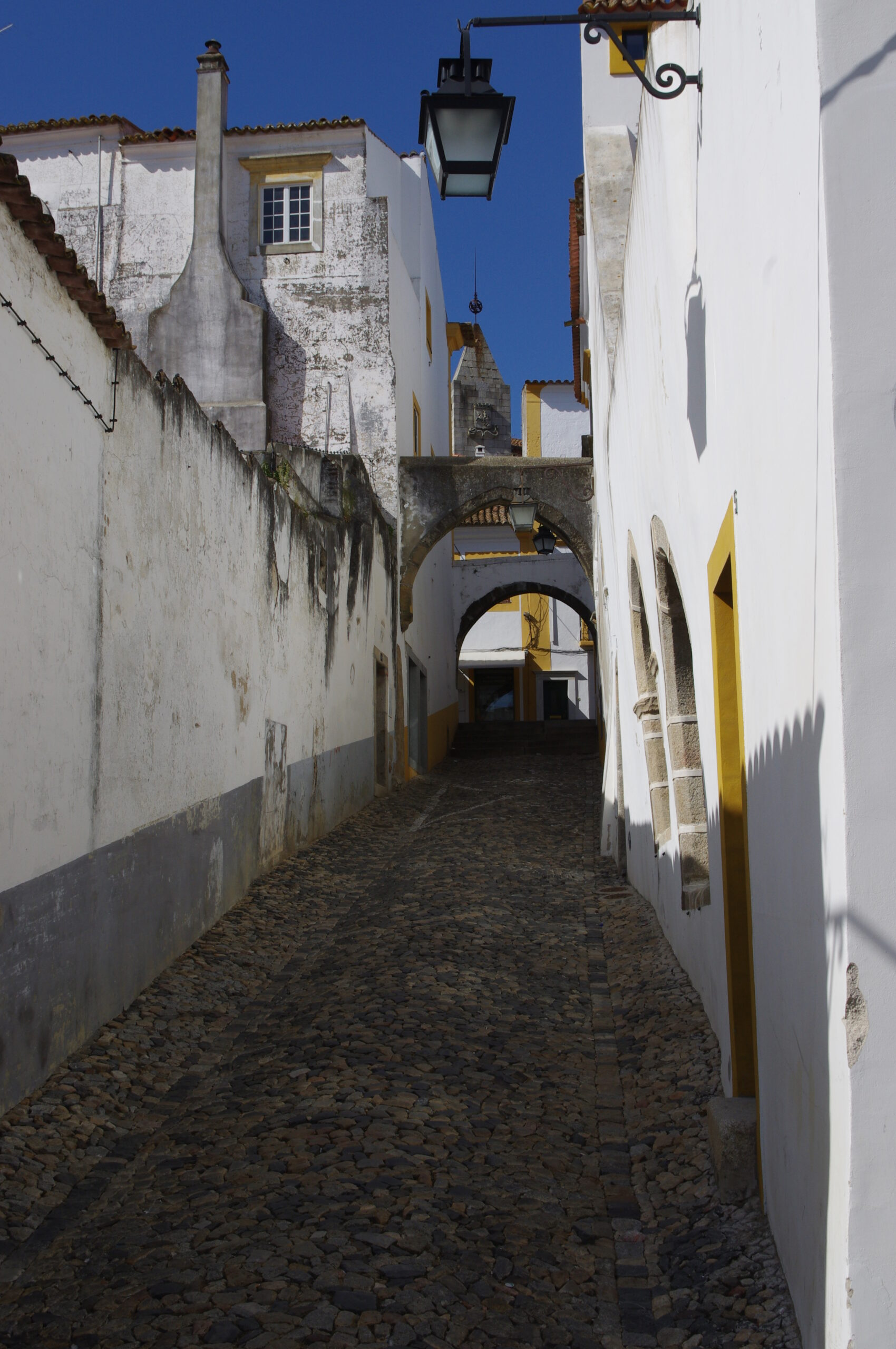 Quiet cobbled street lined with whitewashed buildings in Evora.