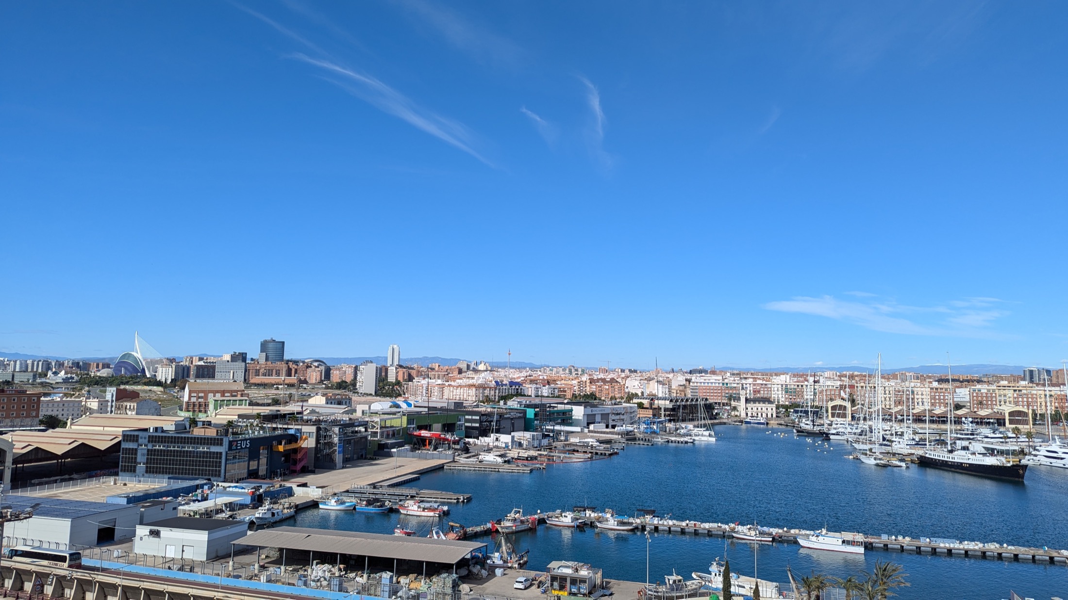 Panoramic skyline view of Valencia under a clear sky.