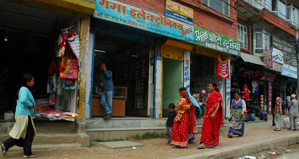 Everyday street shops and market activity in Kathmandu, Nepal.