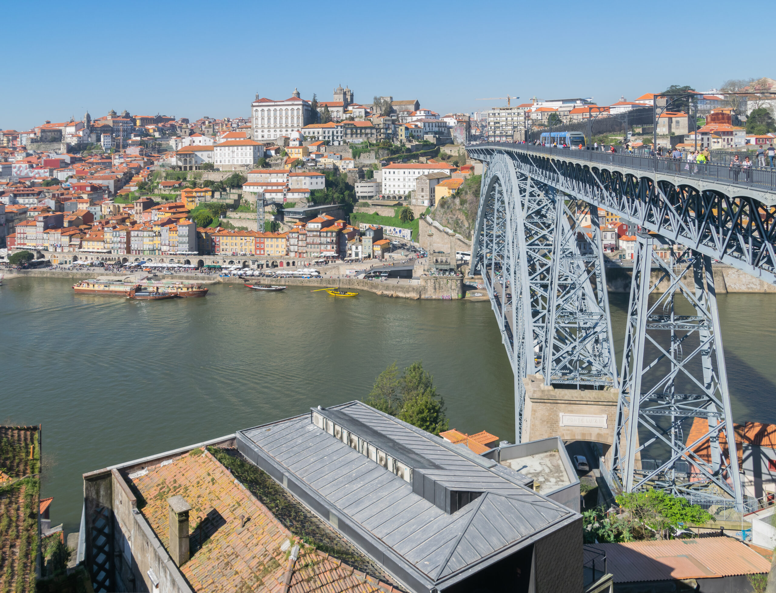 Wide view of Porto and the Dom Luis I Bridge over the Douro River.