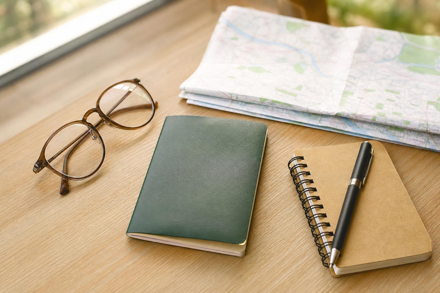 Original passport, map, notebook, and travel planning items on a bright table