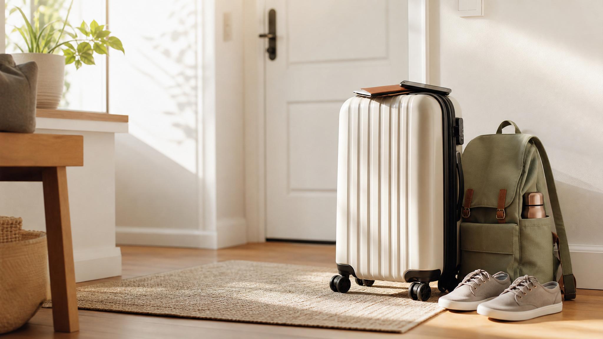 Original carry-on suitcase, backpack, phone, and travel shoes ready near a bright doorway