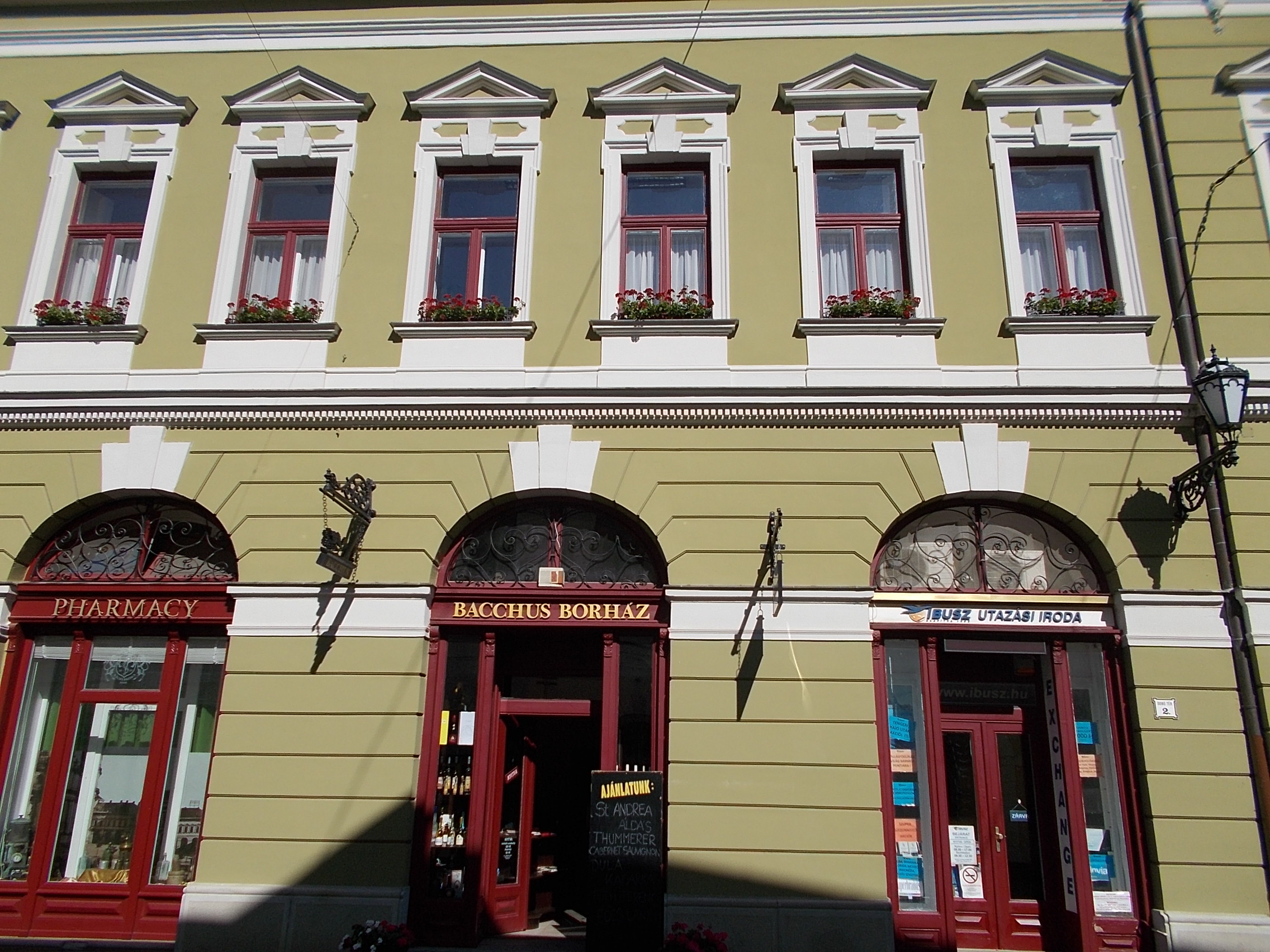 Street-level pharmacy in Eger, Hungary, illustrating the kind of ordinary healthcare access to map before booking a long stay.