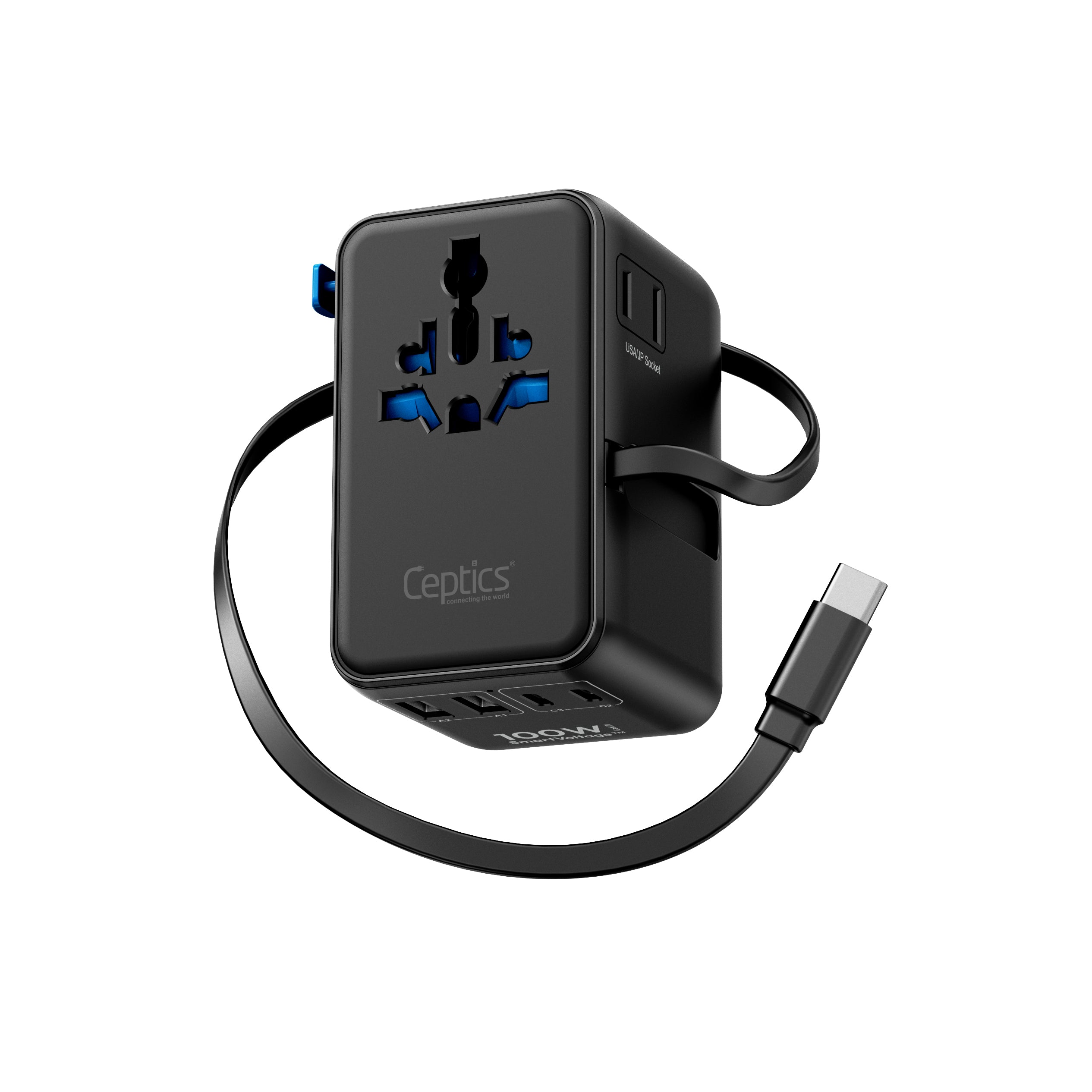 Ceptics 100W universal travel adapter with USB-C and USB-A ports