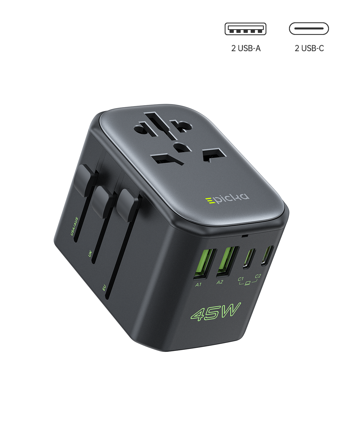 Epicka Pulse 45W universal travel adapter with international plug sliders