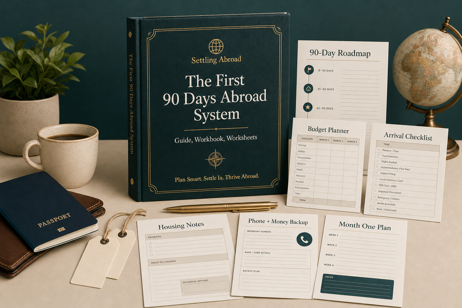 Premium mockup of the First 90 Days Abroad System with workbook cover, planning worksheets, passport, checklist, and travel desk props