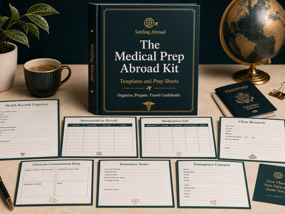 Mockup of the Medical Prep Abroad Kit with health records, medication list, clinic research, insurance notes, and emergency contact worksheets