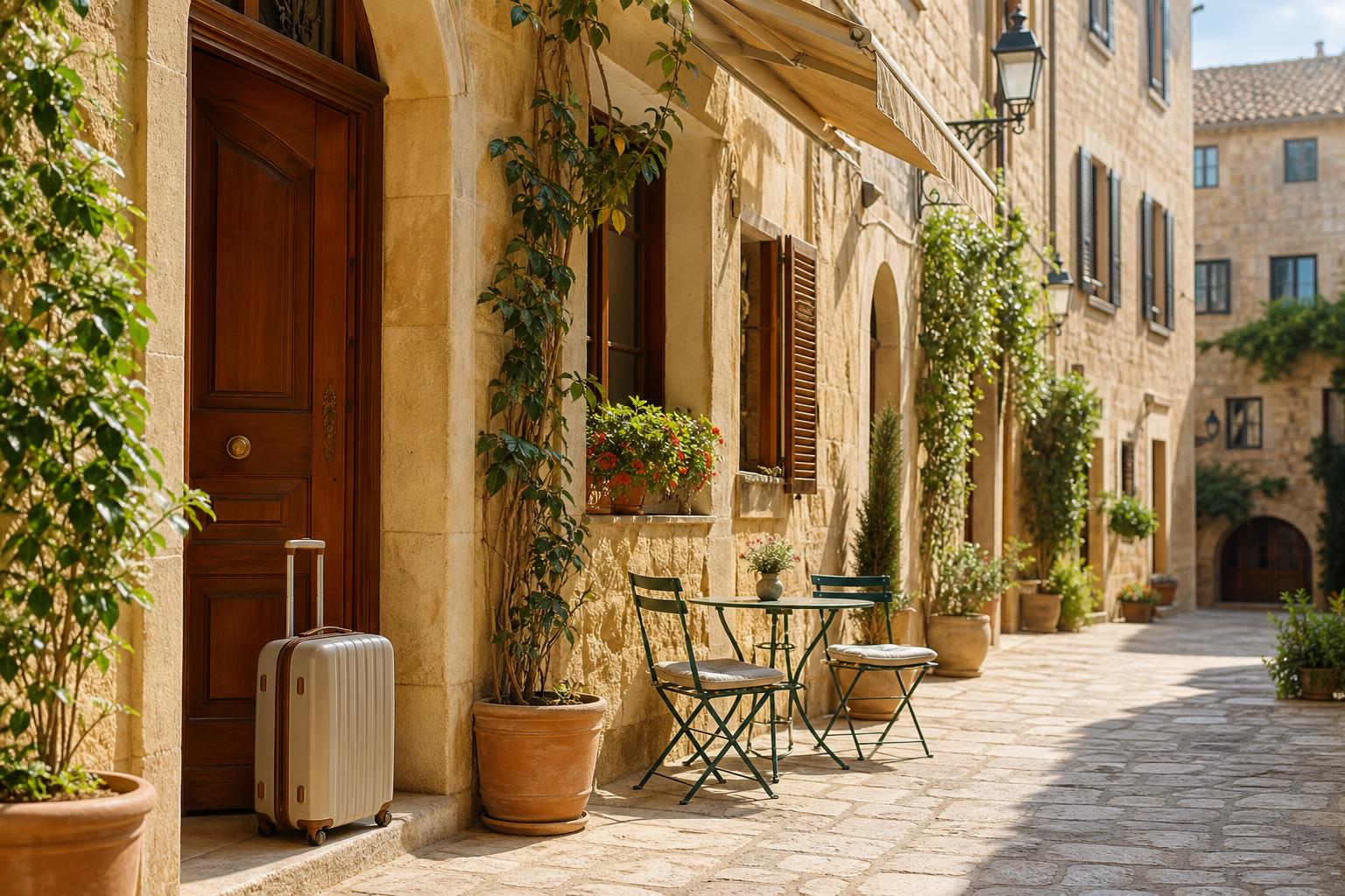 Bright walkable old-town street suggesting arrival abroad
