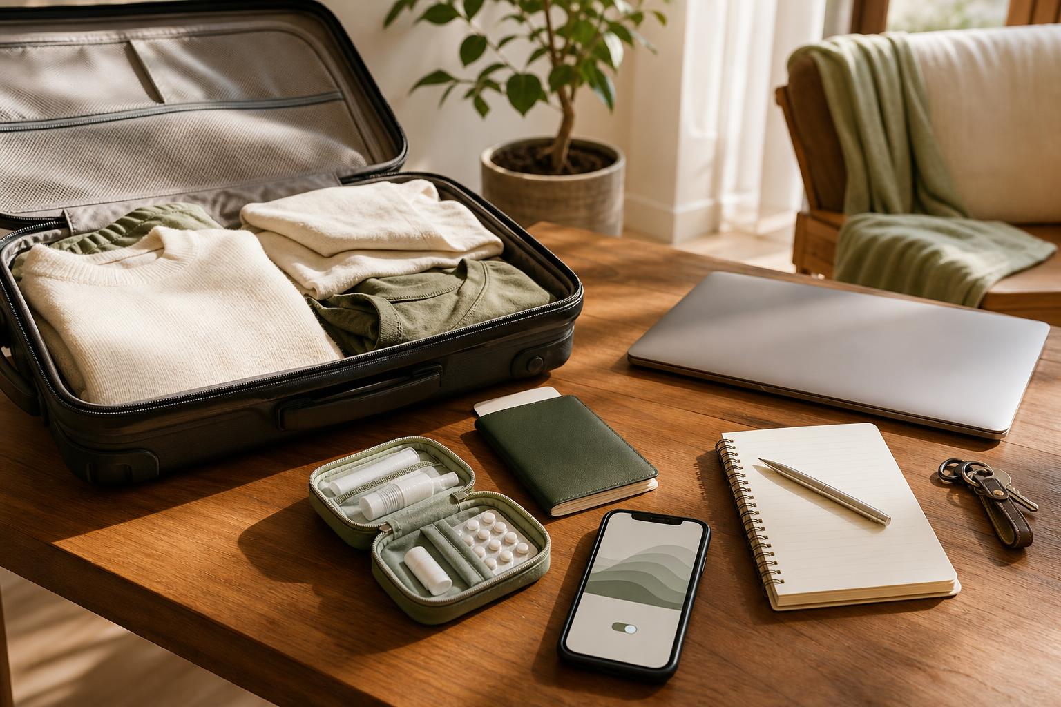 Organized long-stay travel planning items in warm natural light