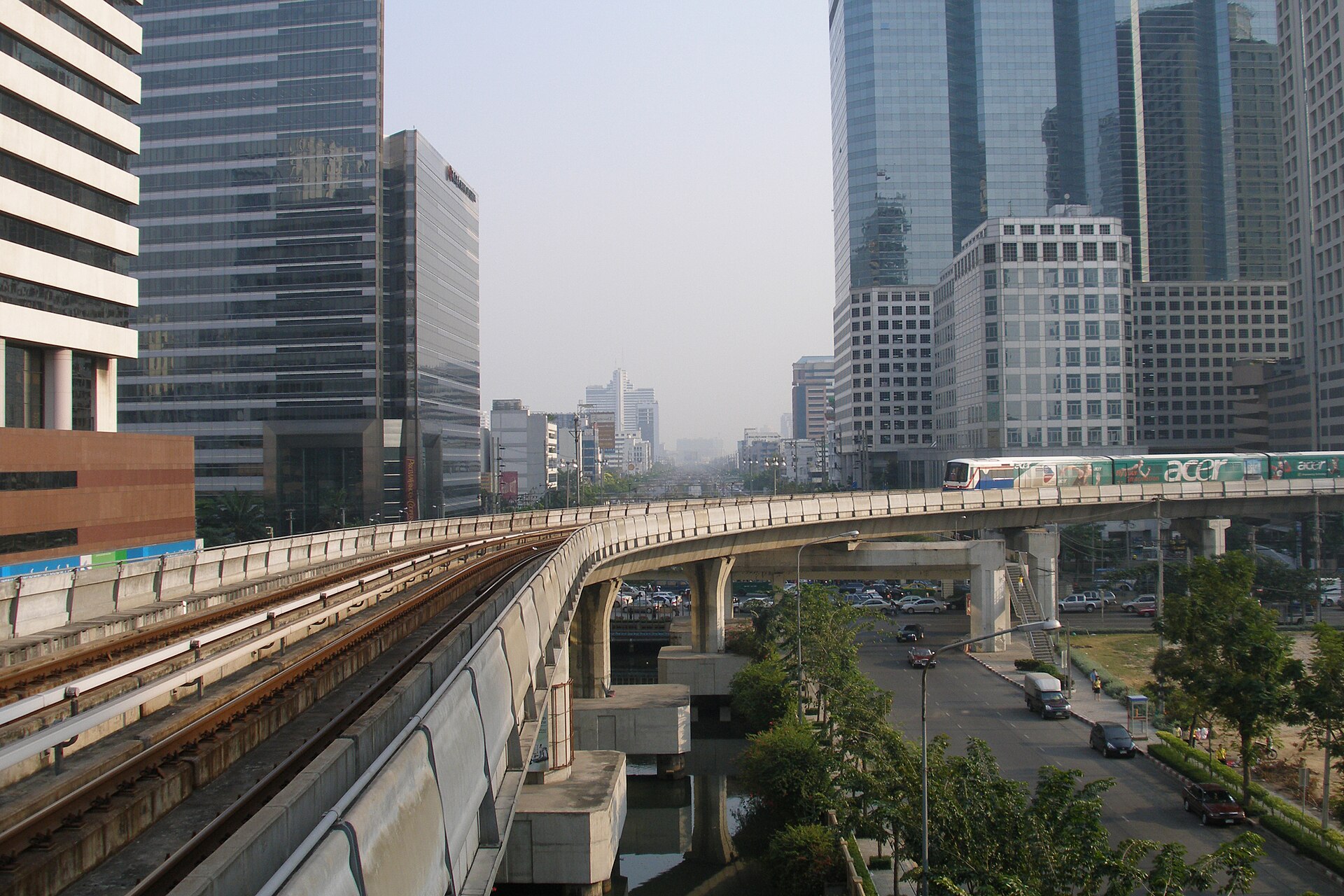 A BTS Skytrain line running through central Bangkok, Thailand.