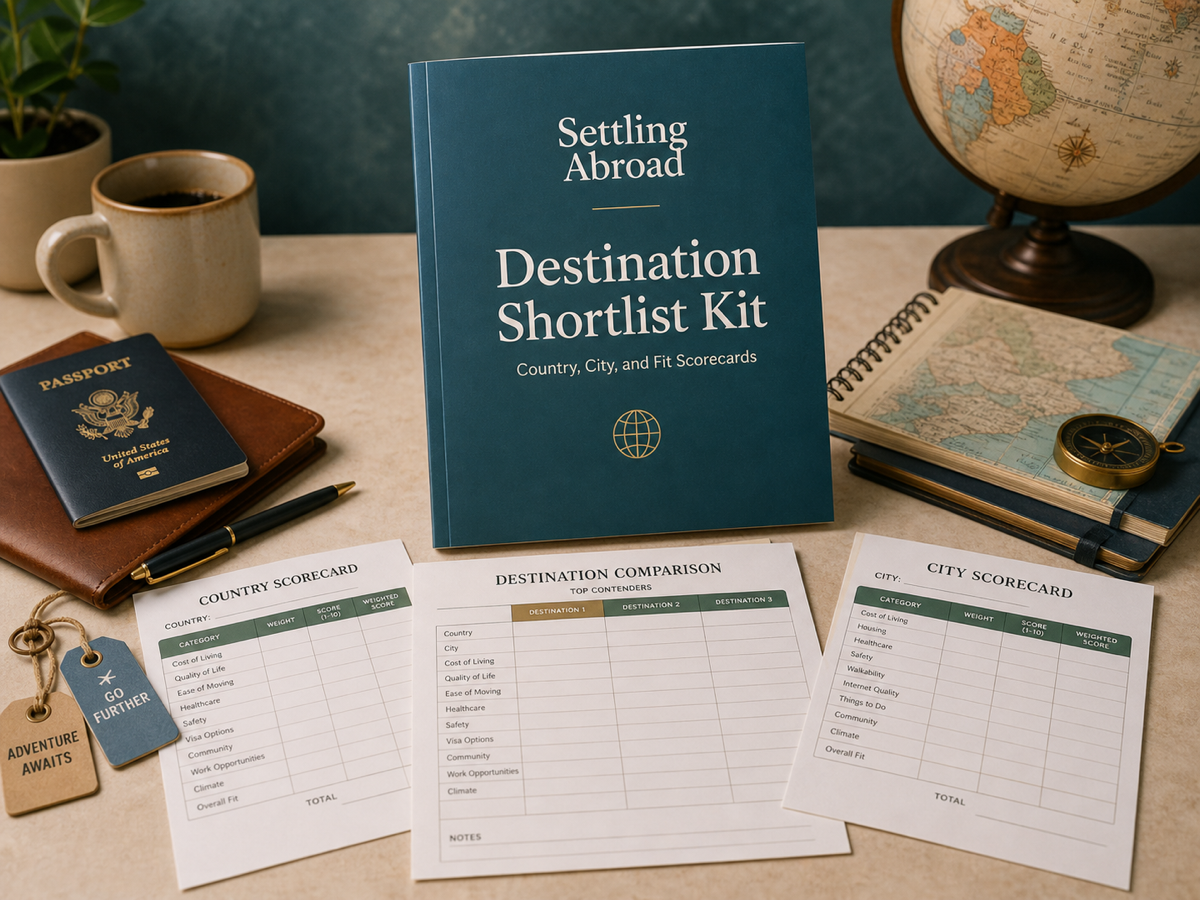 Photo-style mockup of the Destination Shortlist Kit with destination scorecards, comparison worksheets, passport, coffee, globe, and travel desk props
