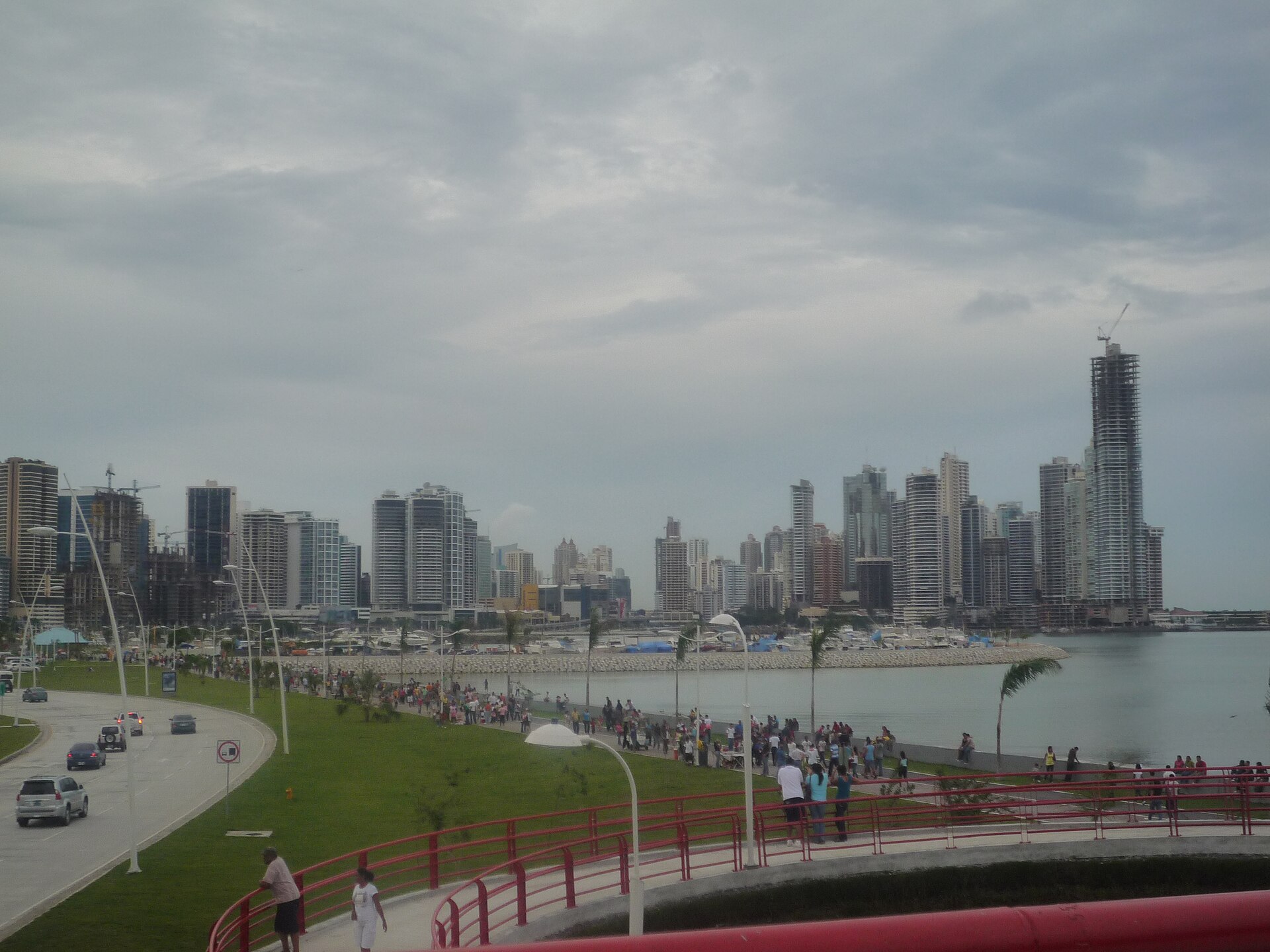 Panama City skyline viewed from the Cinta Costera waterfront promenade.
