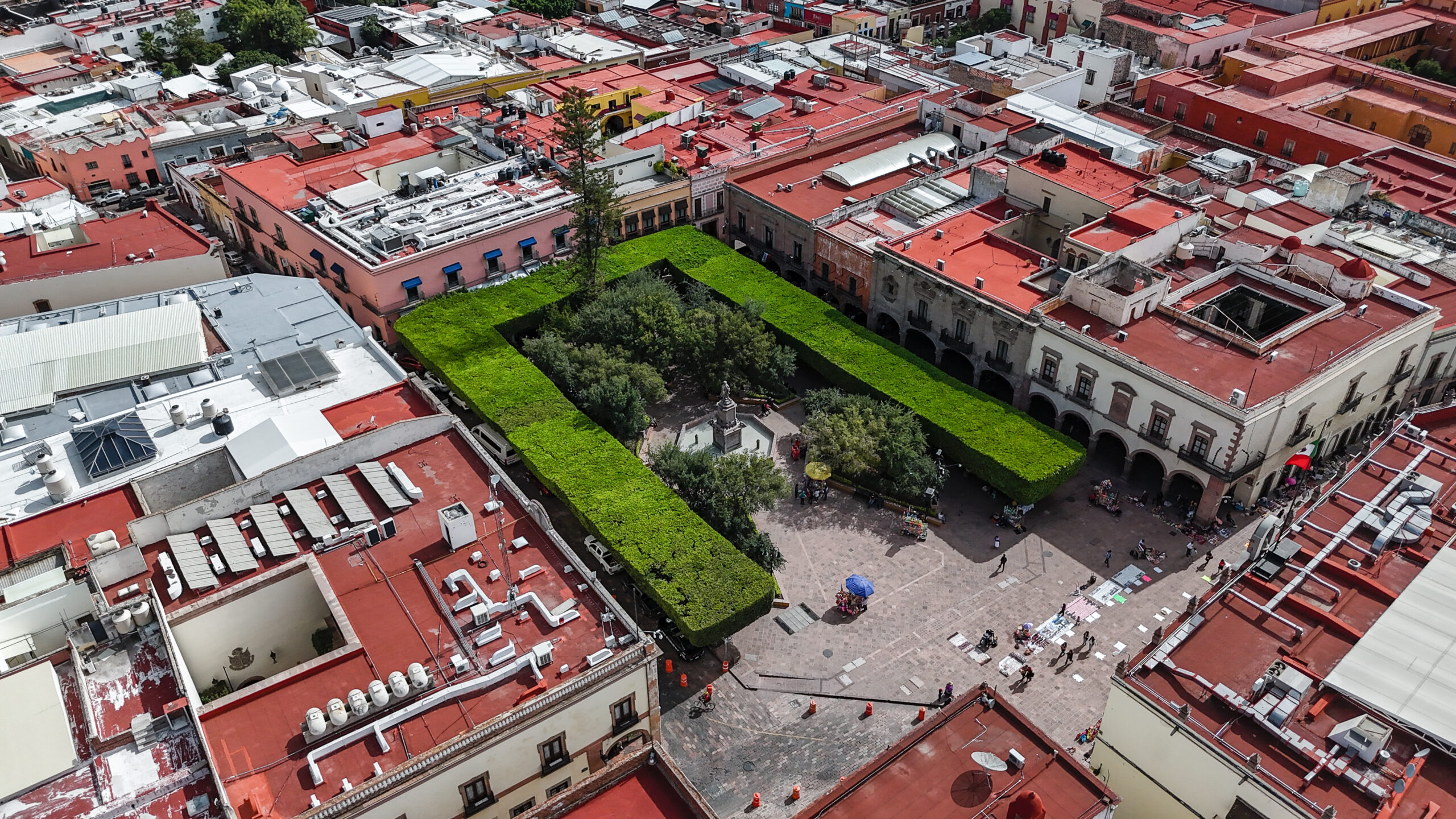 Aerial view of Plaza de Armas in Queretaro, Mexico.
