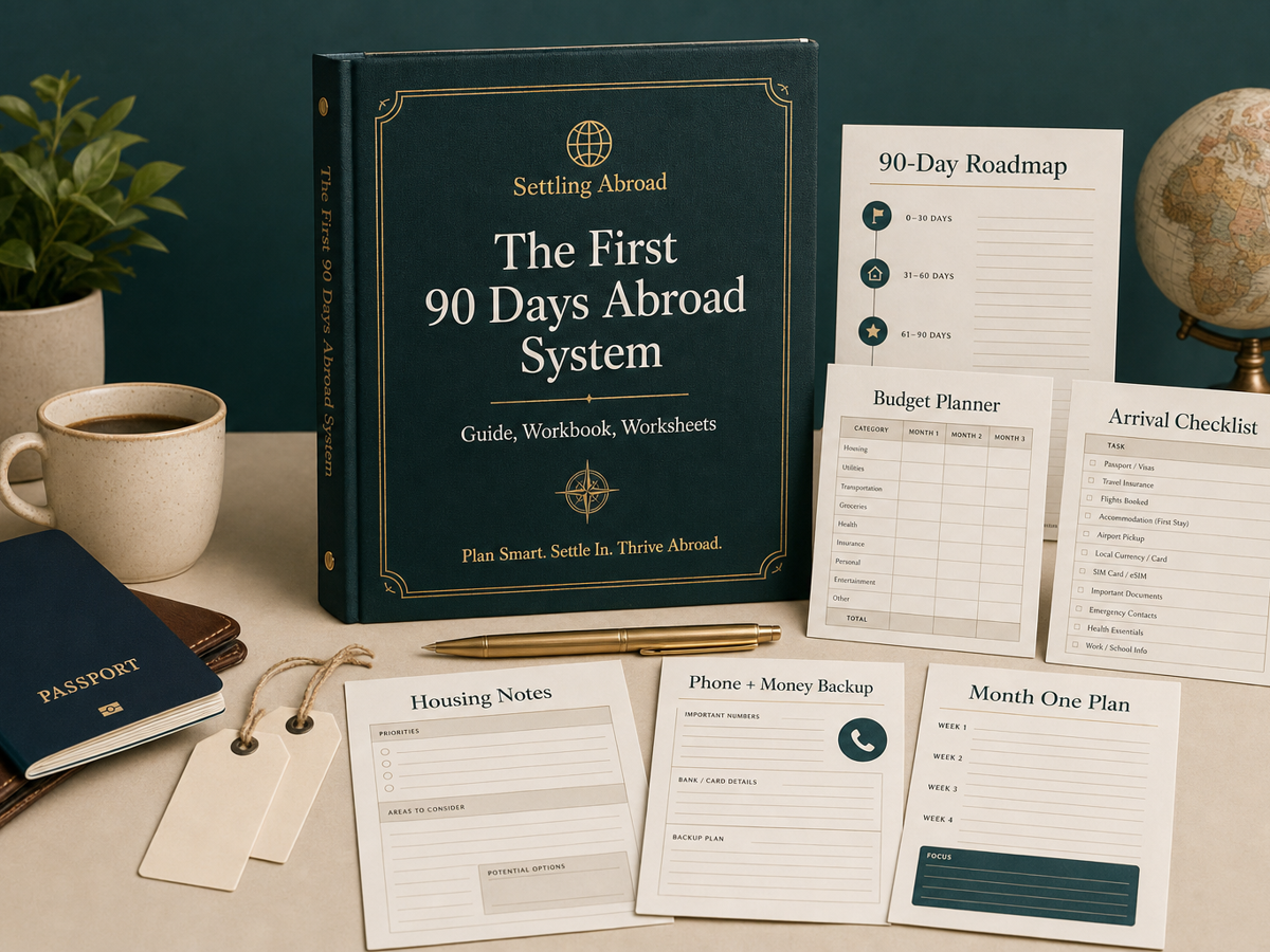 Mockup of the First 90 Days Abroad System with guide cover, workbook pages, checklist, and planning materials