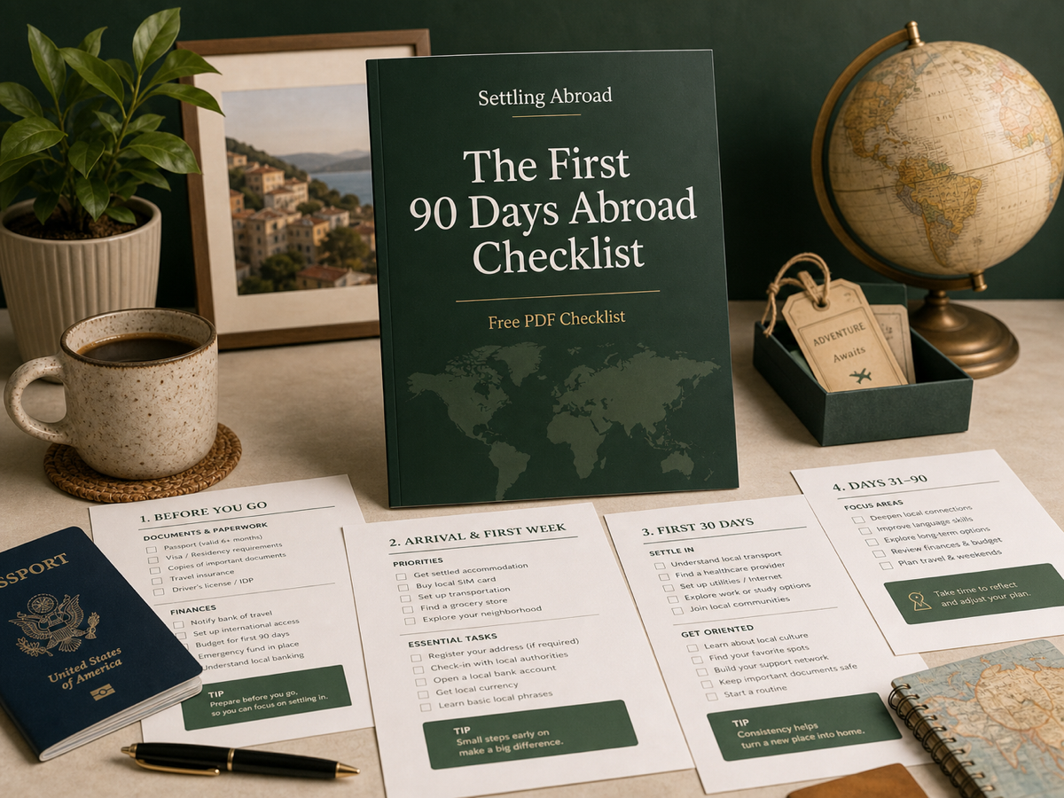 Photo-style mockup of the free First 90 Days Abroad Checklist with printable planning pages, passport, coffee, plant, and travel desk props