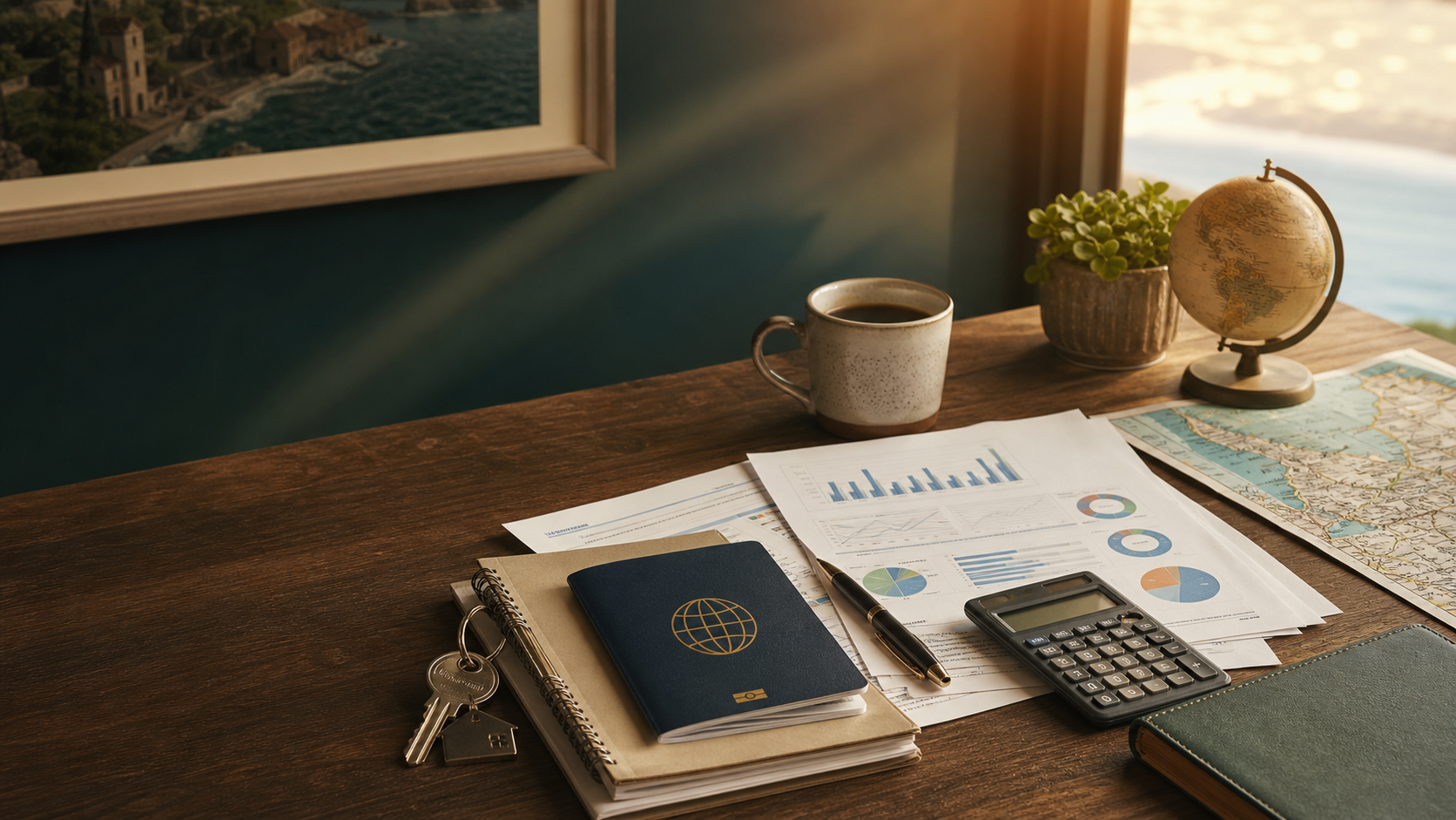 Passport, house keys, calculator, maps, and retirement planning worksheets on a warm desk.