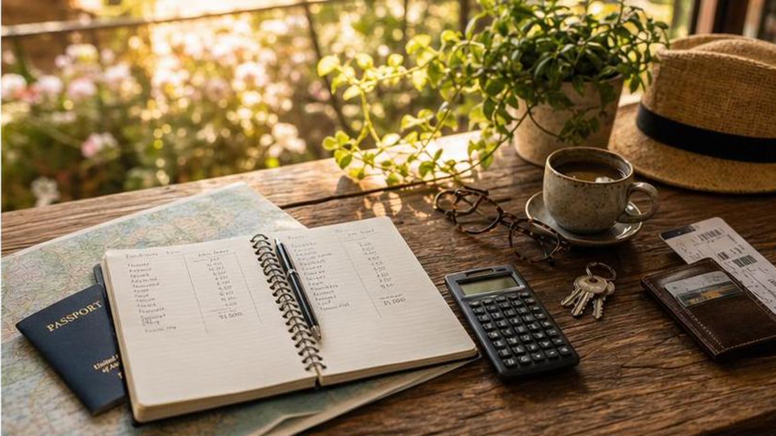 Five-year retirement abroad money planning with notes and travel documents.