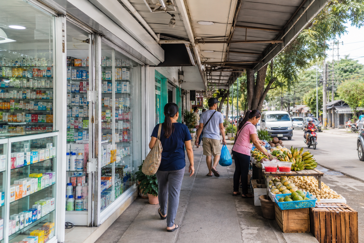 Illustrative covered Davao pharmacy and grocery errand route after rain.