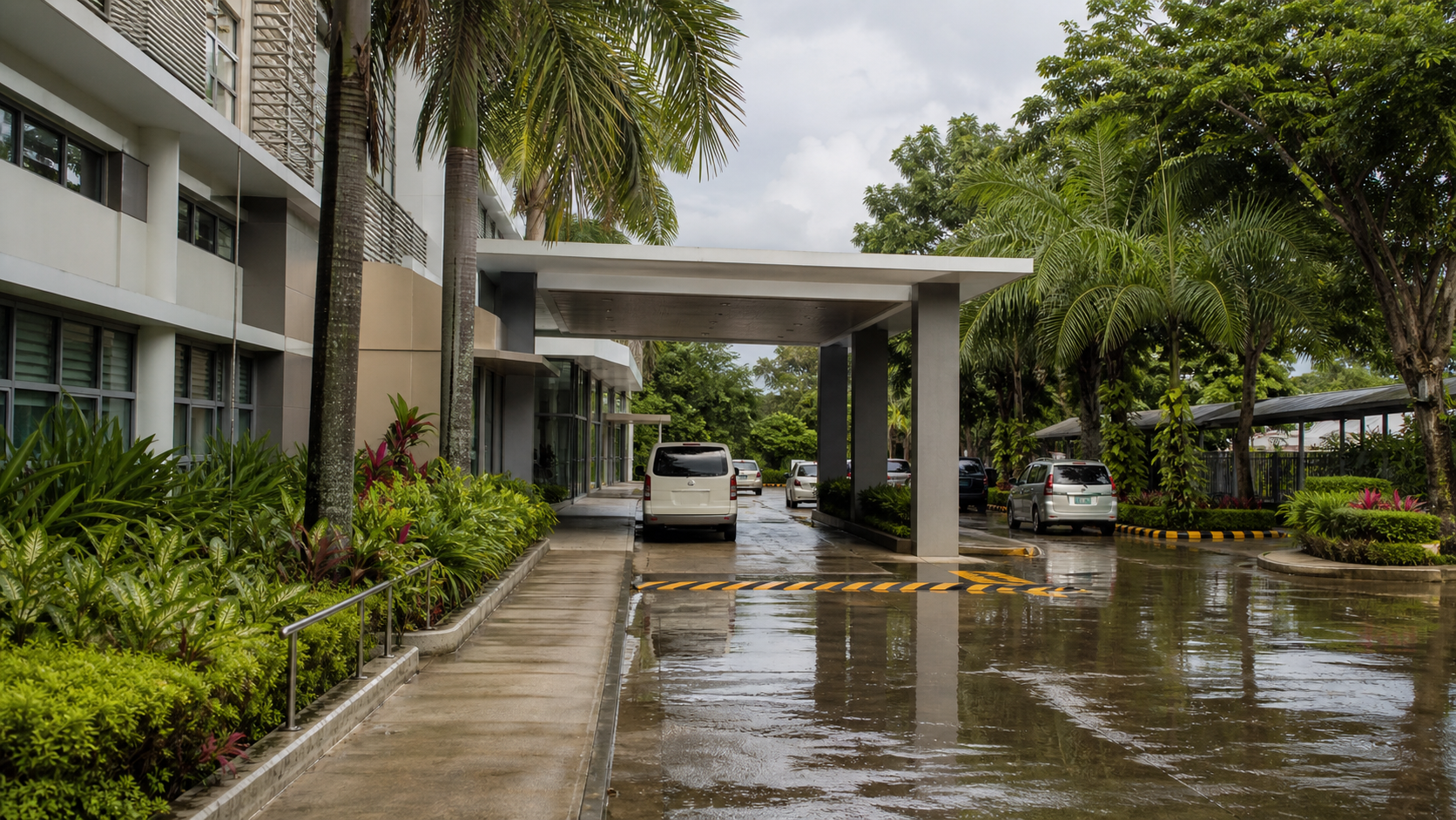 Illustrative covered healthcare drop-off route in a tropical provincial city.