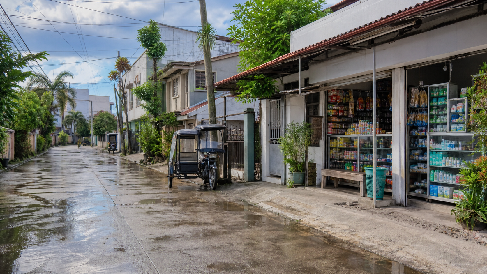 Illustrative Dumaguete neighborhood grocery errand route after rain.