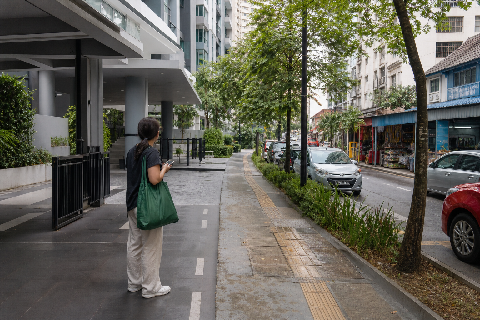 Illustrative Kuala Lumpur apartment entrance beside a shaded sidewalk and neighborhood shops.