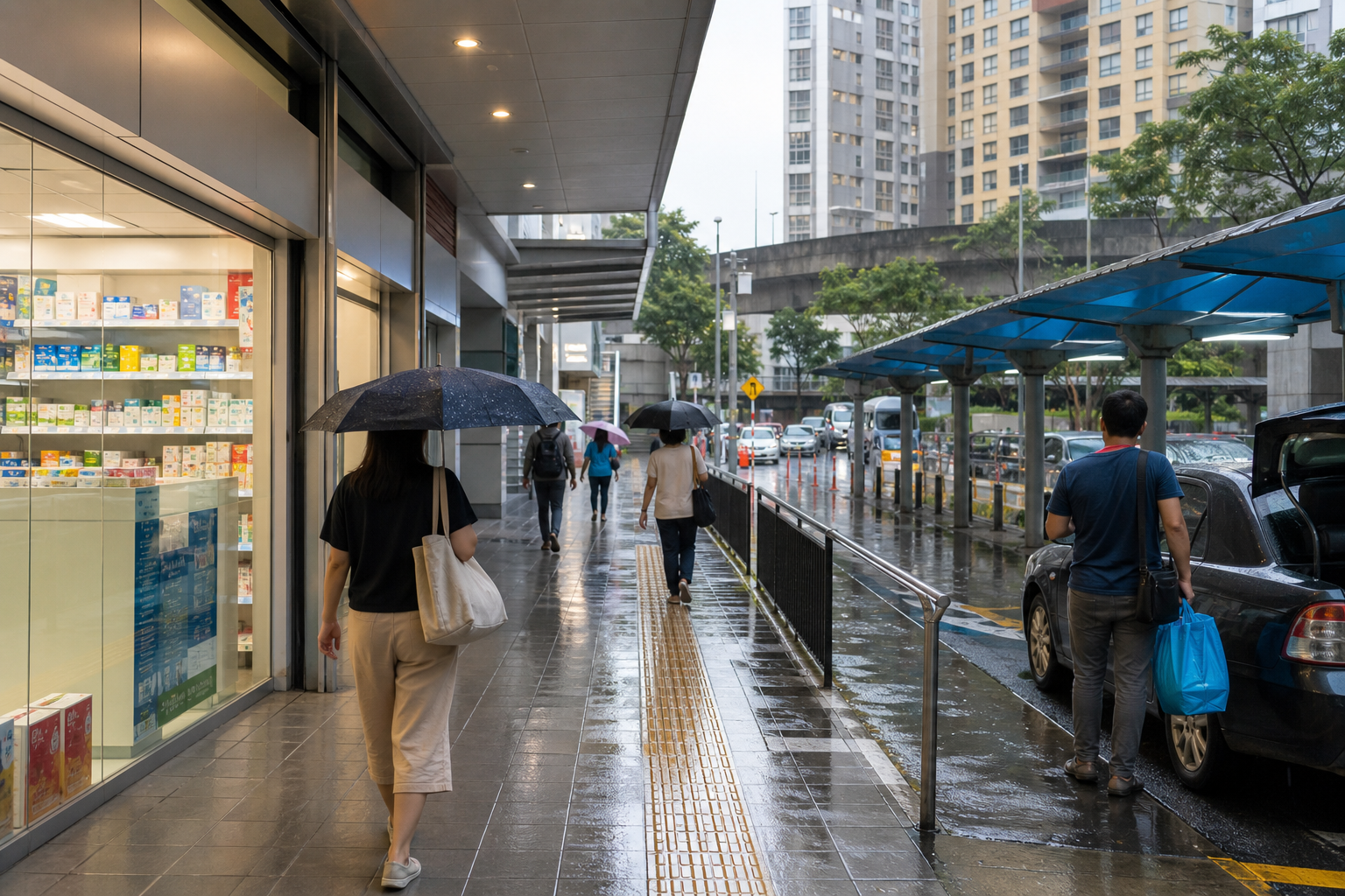 Illustrative Kuala Lumpur sheltered sidewalk after rain near a pharmacy and transit approach.