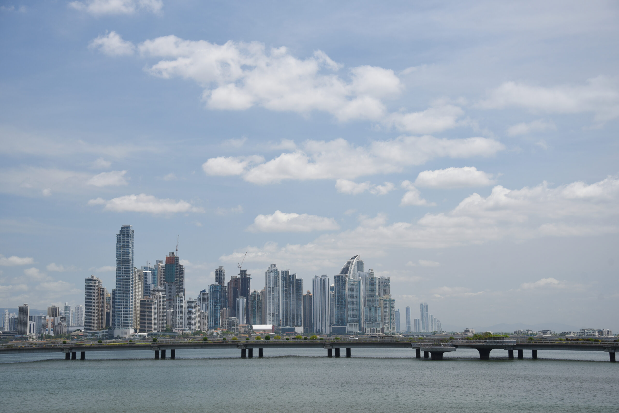 Panama City buildings seen from the Old Quarter on a sunny day.