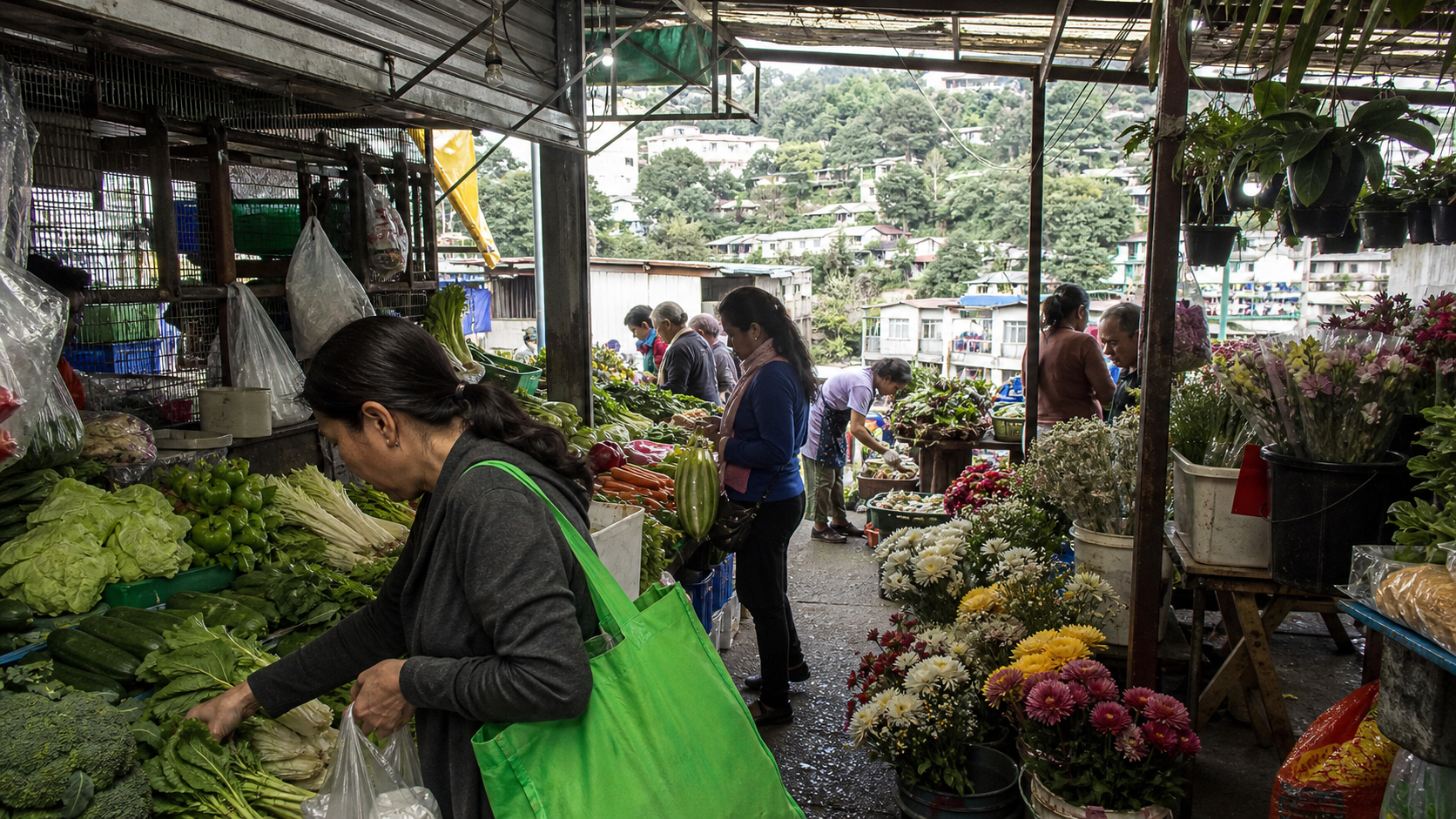 Illustrative covered Philippine city sidewalk beside apartment stairs and a small neighborhood shop, with a grocery-carrying pedestrian and a car at the curb.