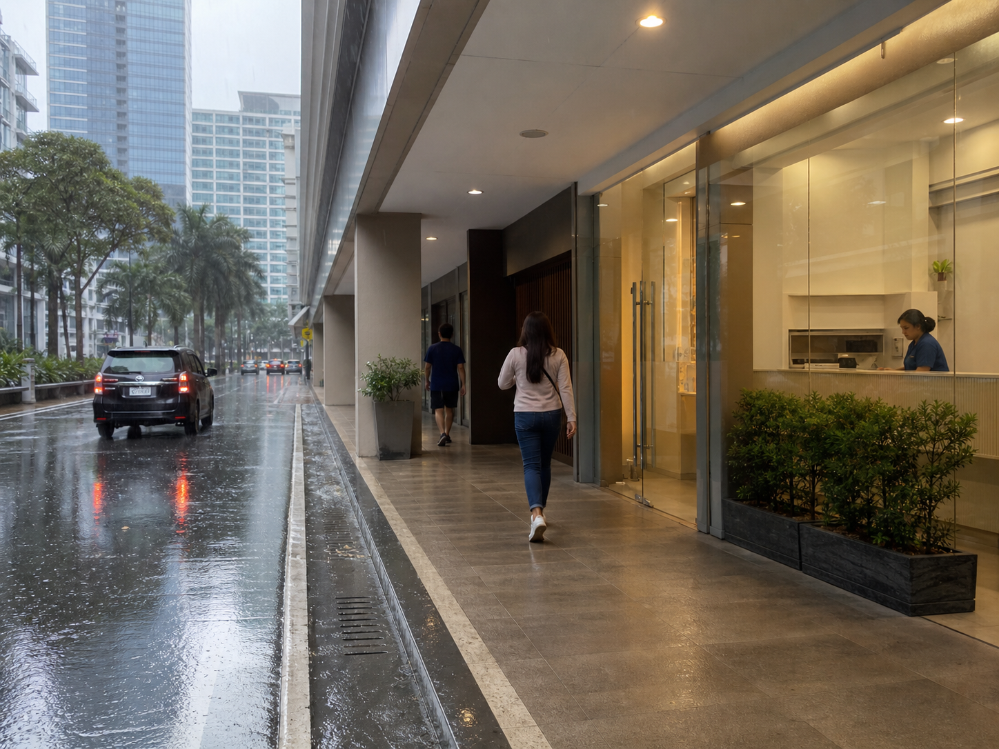 Illustrative covered sidewalk outside a generic clinic in a modern Makati or BGC district during rain, with visible drainage and pedestrians.