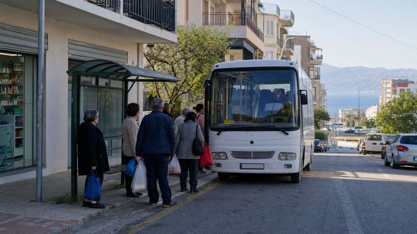 People with shopping bags boarding a local bus on a Sarande hillside street with apartments and a distant sea view.