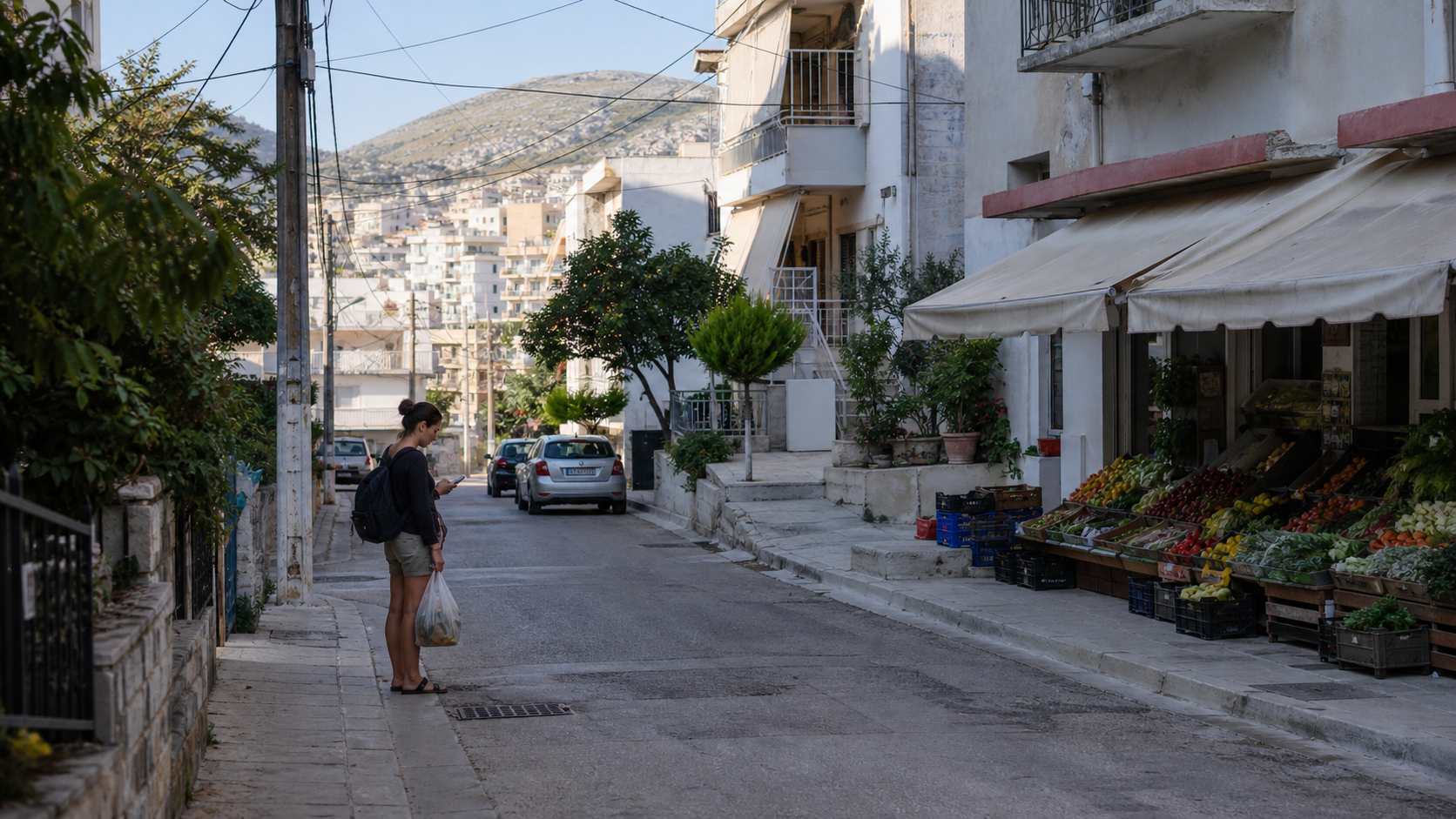 Sarande residential street with a small produce market, apartment buildings, hills, and a traveler carrying groceries.