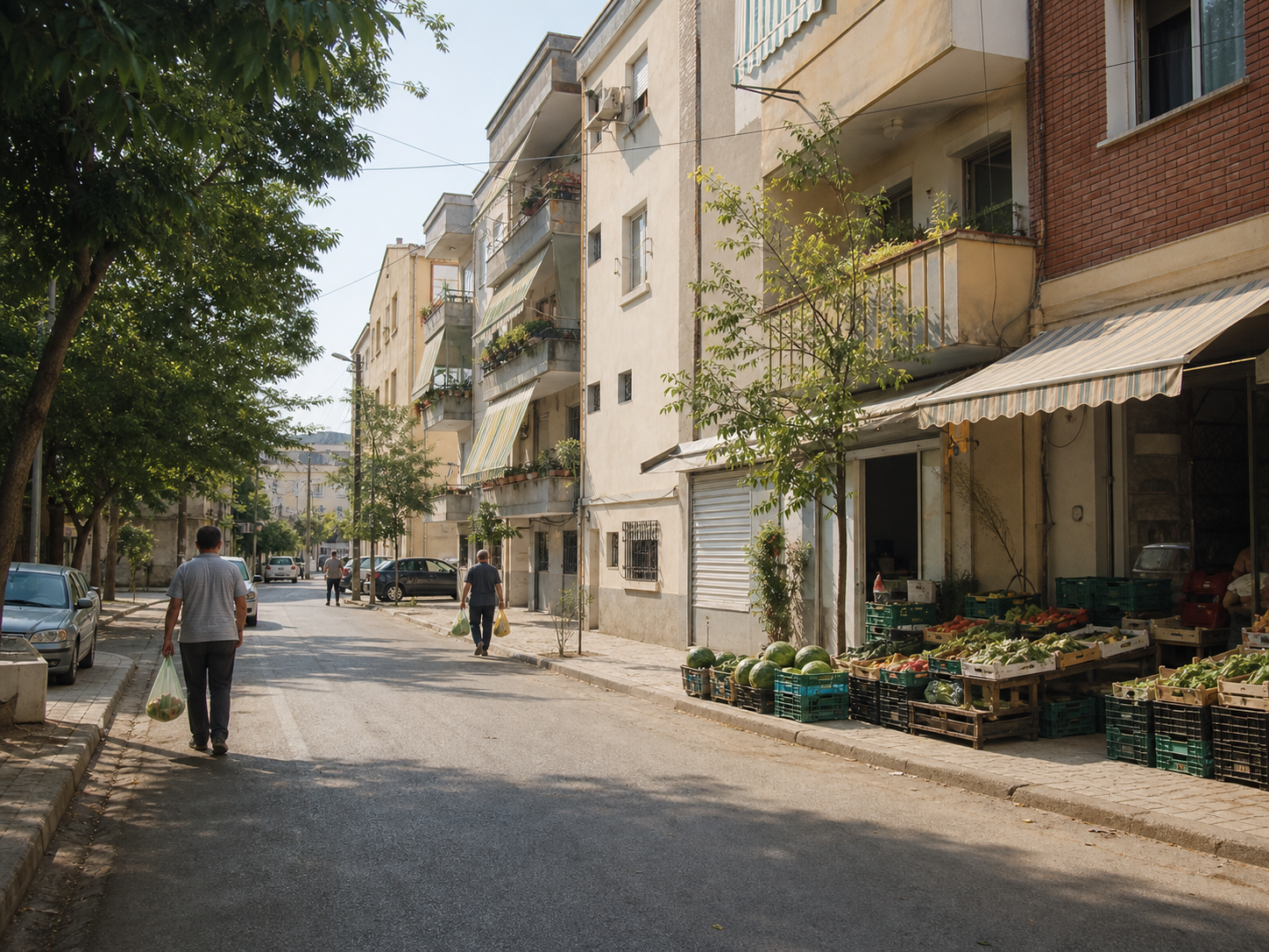 Neighborhood produce shop beside apartments on a shaded residential street in Tirana.