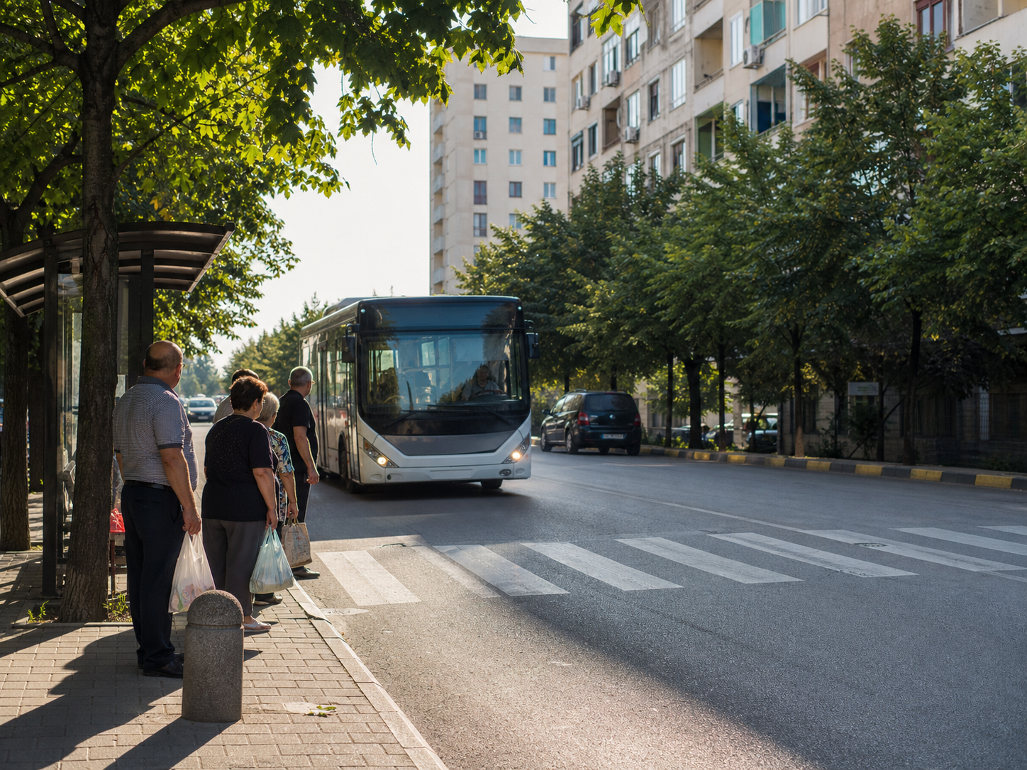 City bus arriving at a shaded residential stop in Tirana as people wait with shopping bags.