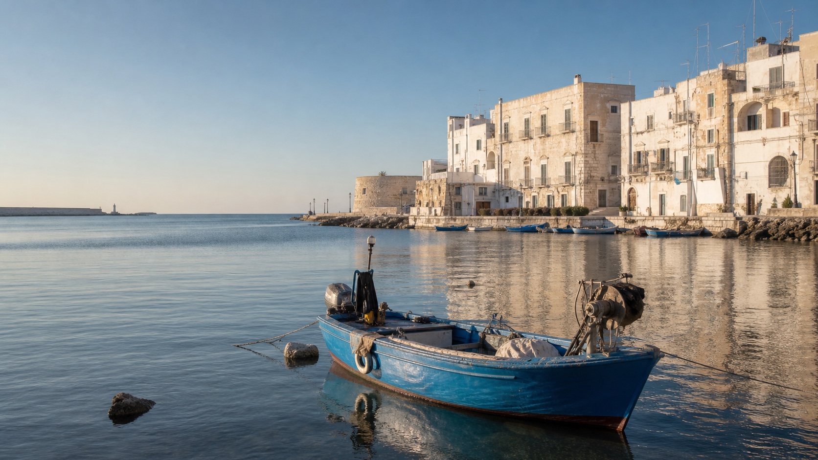 Small fishing boat in Bari's old harbor beside limestone waterfront buildings.