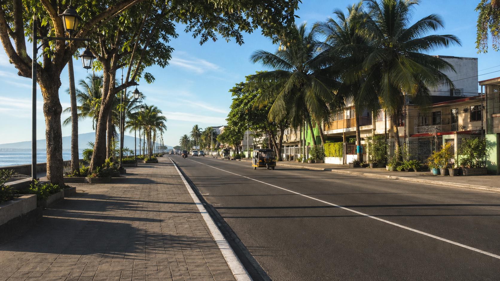 Illustrative Dumaguete waterfront boulevard on an ordinary tropical weekday.