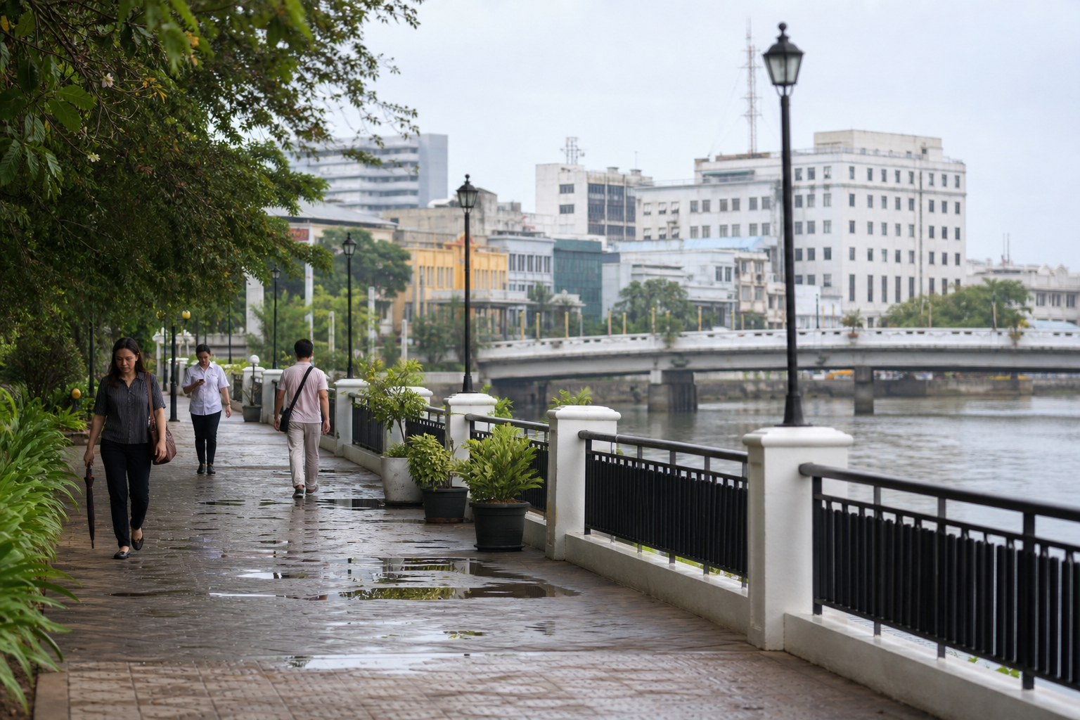 Illustrative Iloilo riverside weekday after light rain.