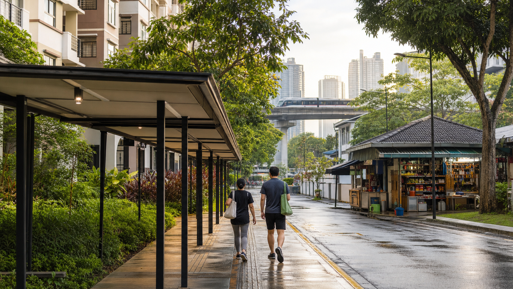 Illustrative Kuala Lumpur residential street with apartments, sheltered walkway, neighborhood stall, and elevated rail after rain.