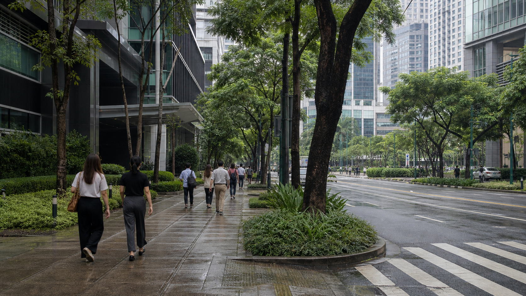 Illustrative rain-season weekday sidewalk in a modern Makati or BGC business district, with tropical trees, office towers, a crosswalk, and pedestrians.