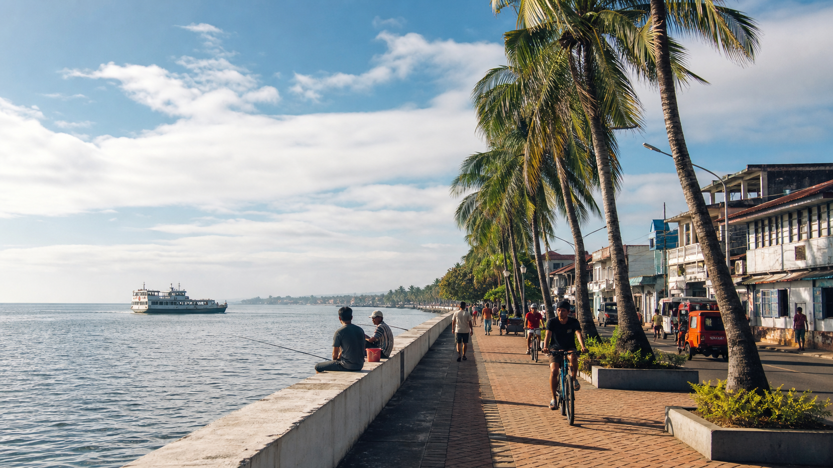 Residents walk and cycle along a Dumaguete waterfront promenade with a small ferry offshore.