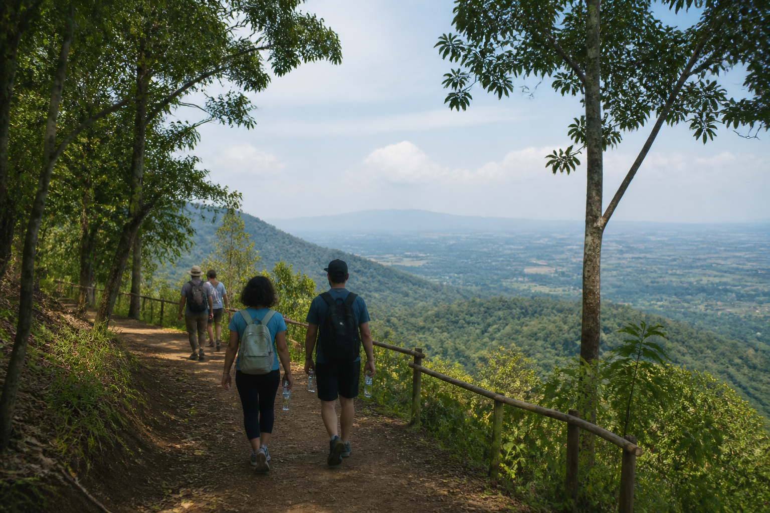 People taking an easy forested foothills walk with a valley view near Chiang Mai.