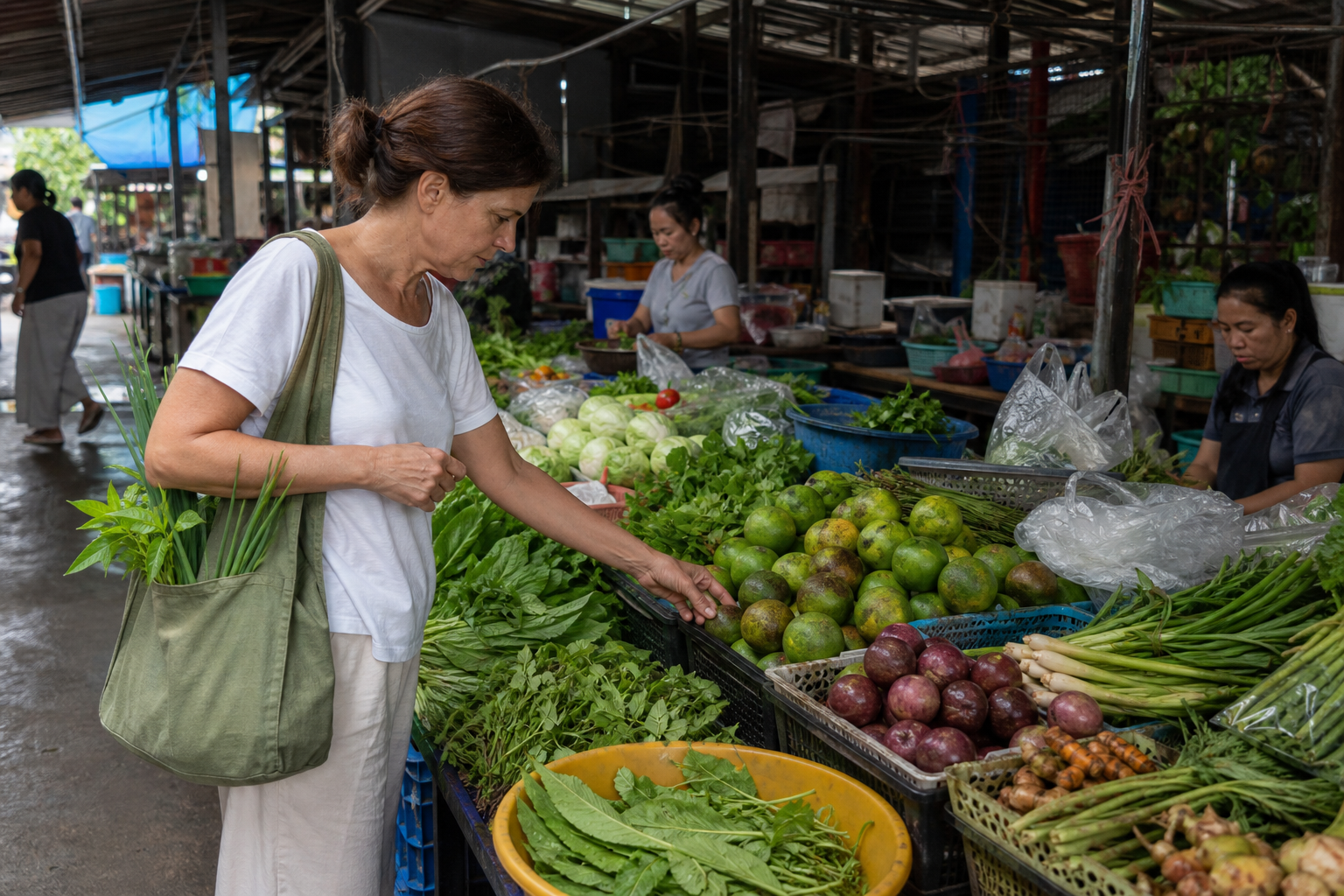 Shopper choosing fresh produce at a covered Chiang Mai market.