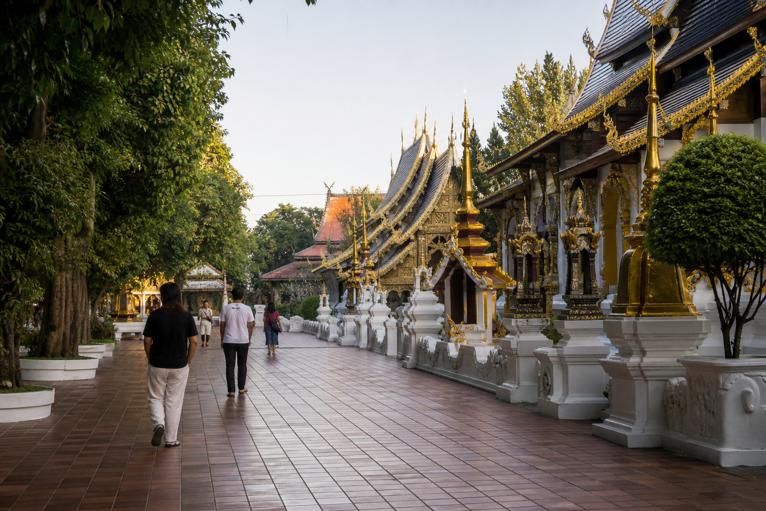 Visitors walking quietly through a Chiang Mai temple courtyard in the early morning.