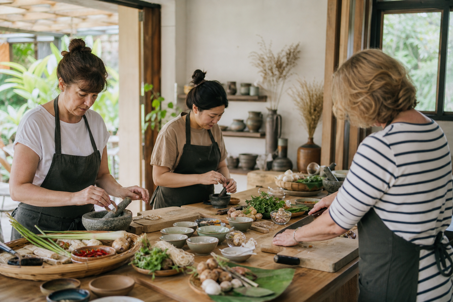 Small weekday cooking class with participants preparing ingredients in Chiang Mai.