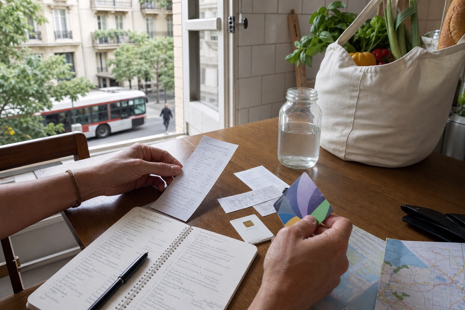 Hands compare groceries, receipts, a transit card, and a simple household budget at an apartment table.