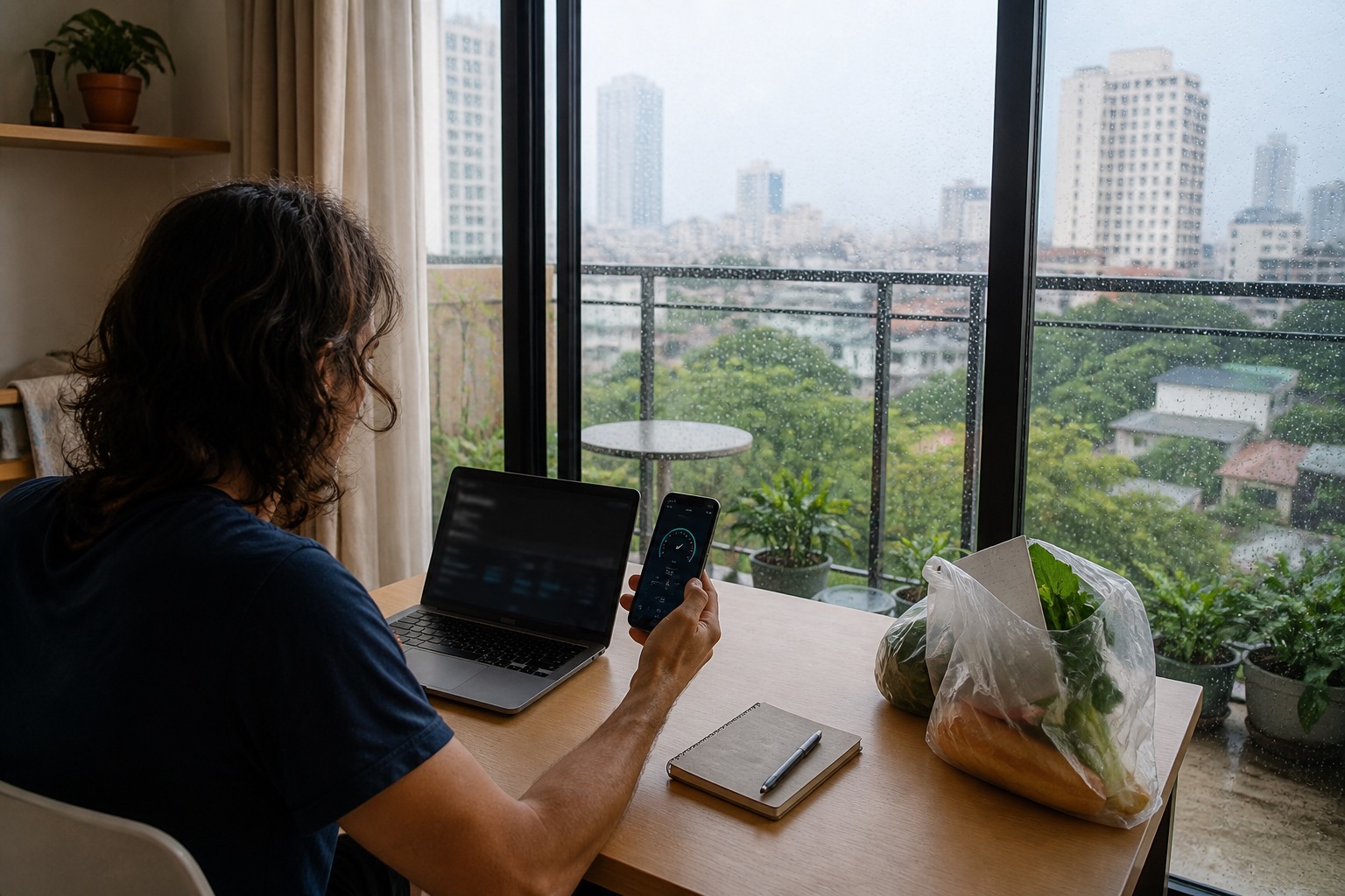A traveler checks a phone and laptop connection in a Da Nang apartment while rain falls outside.