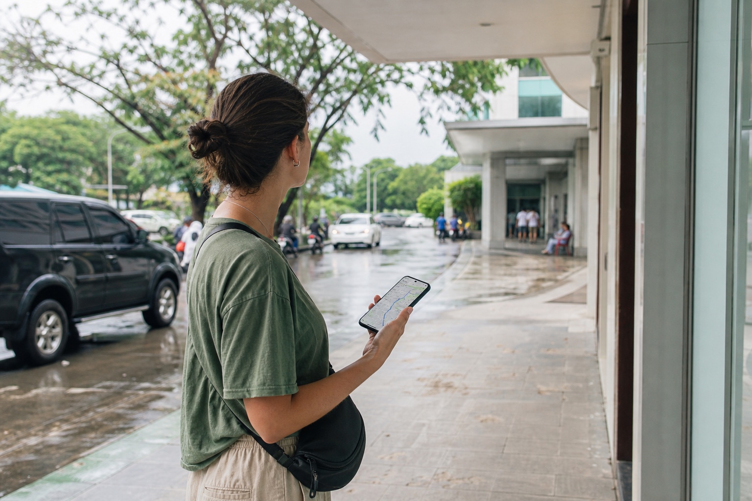 A traveler checks a mapped care route on a covered sidewalk in a Philippines city after rain.