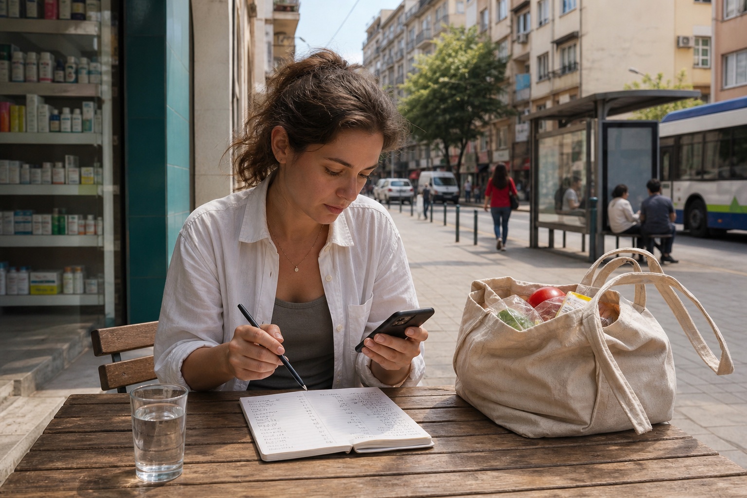 Traveler checks a practical budget list beside groceries and a city bus stop.