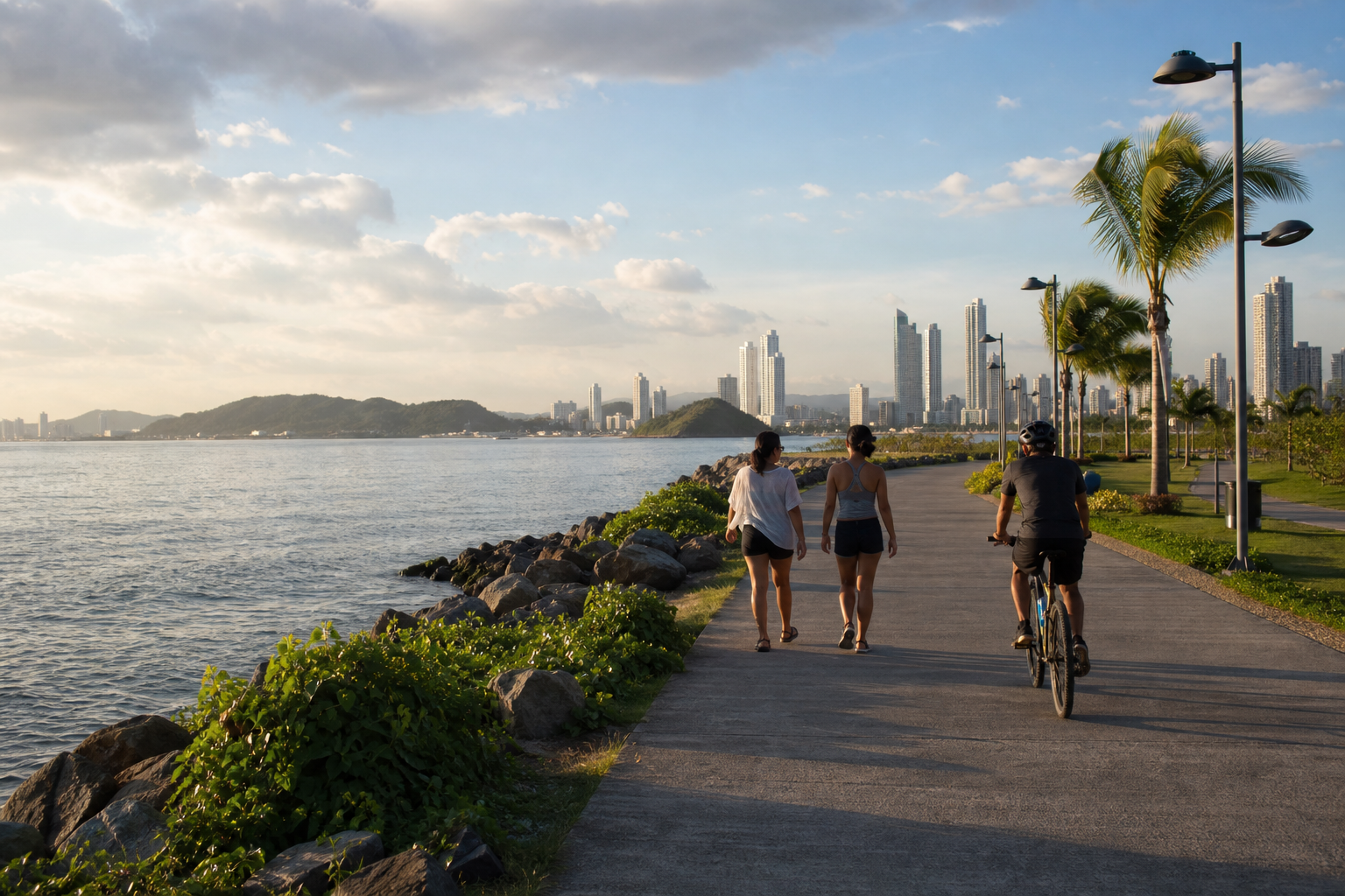 People walking and cycling beside the water on the Amador Causeway near Panama City.